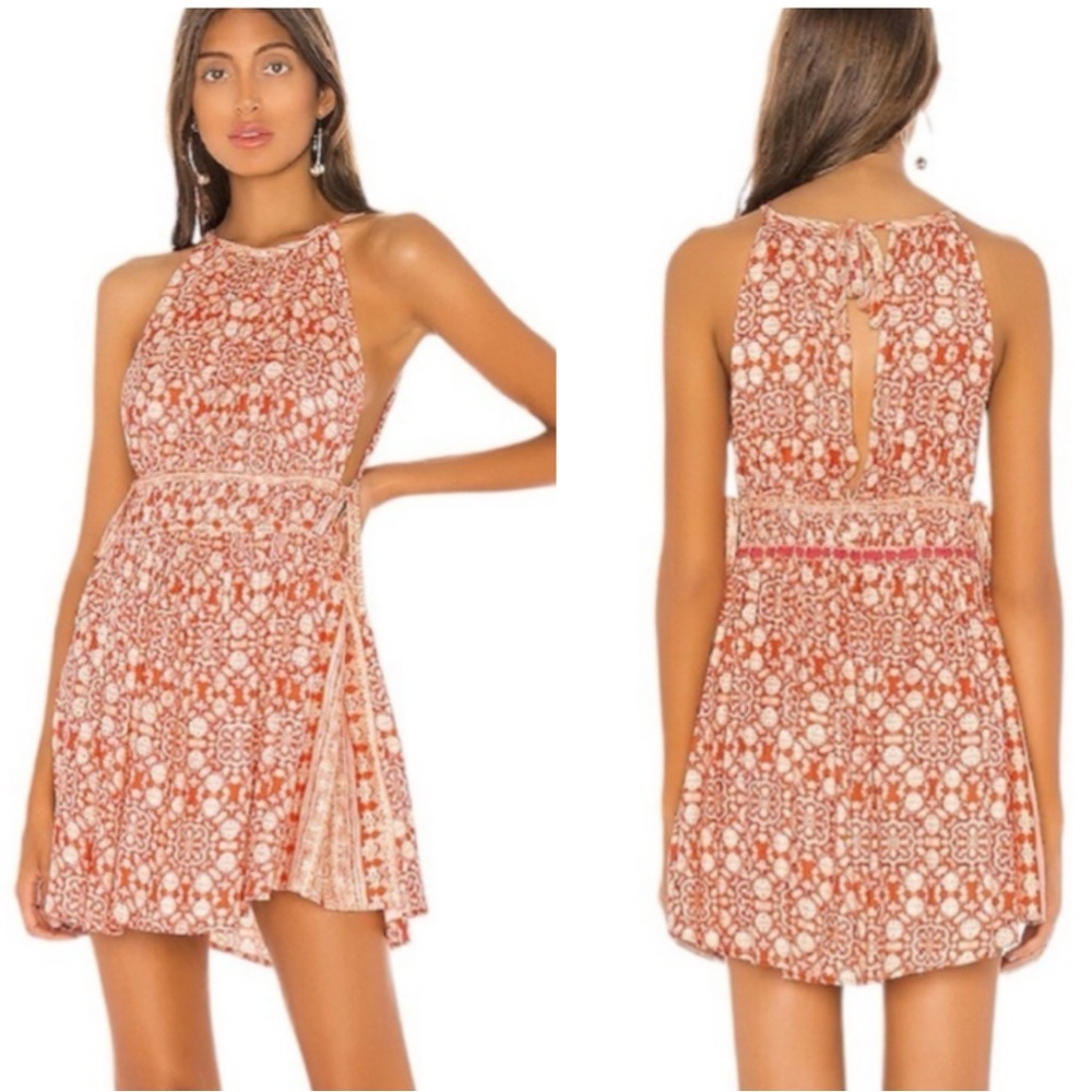Free People Mid Summers Day Orange White Print Tie Detail Halter Mini Dress - M